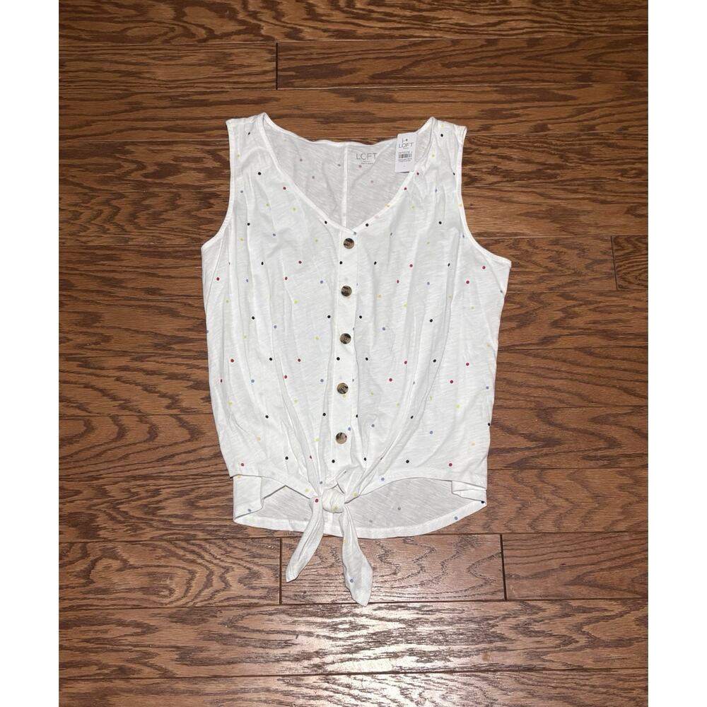 Loft Outlet Women's White Colorful Polkadot Cinch Tie Button Front Tank Top Sz L